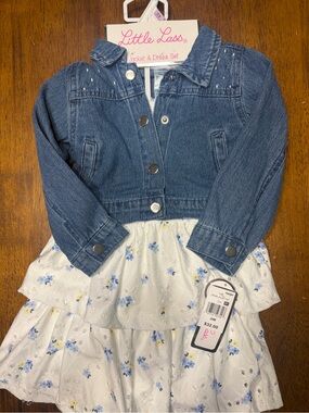 Little Lass Blue Denim Jacket with White Floral Tiered Dress